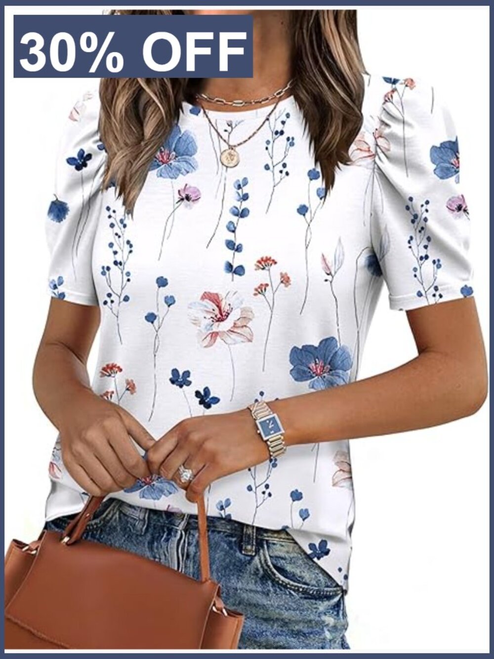 Dressy Casual Puff Sleeve Boho Tunic Top Summer Crew Neck Blouse